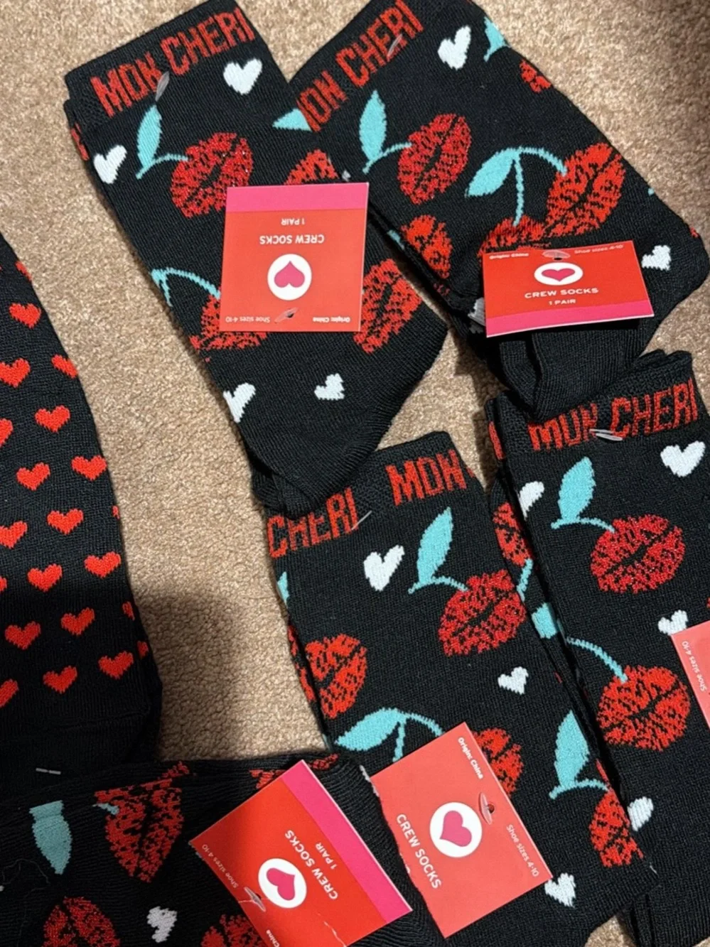 Mon Cheri women’s  Black & Red Heart Crew Socks -
